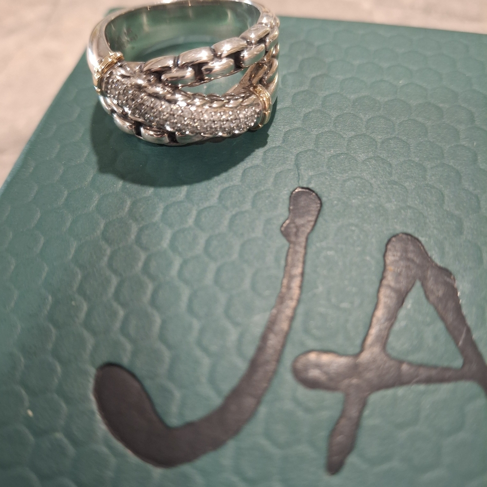 Sterling Silver Pave Chain-Link Ring in Silver and Gold Accents